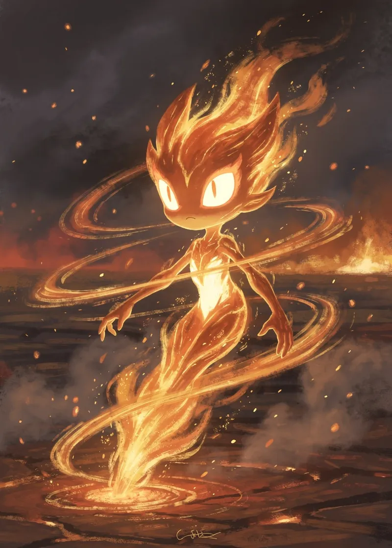 Firy, fire elemental spirit, shown in full
