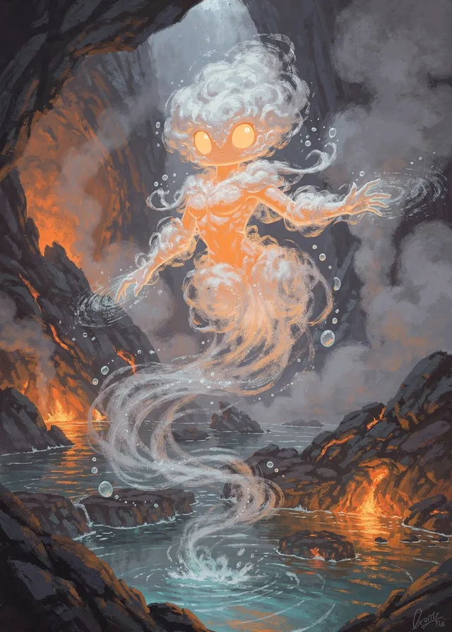 Vapour, the complete fire and water spirit, from its glowing face to its swirling tail
